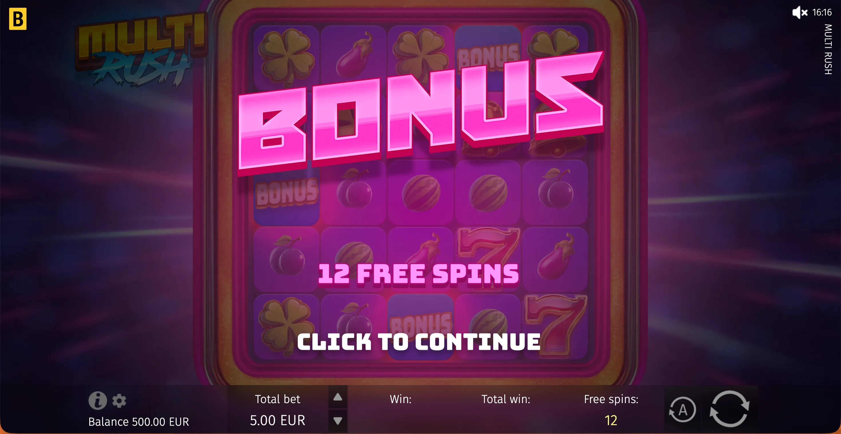 Multi Rush slot bonus round showing 12 free spins trigger